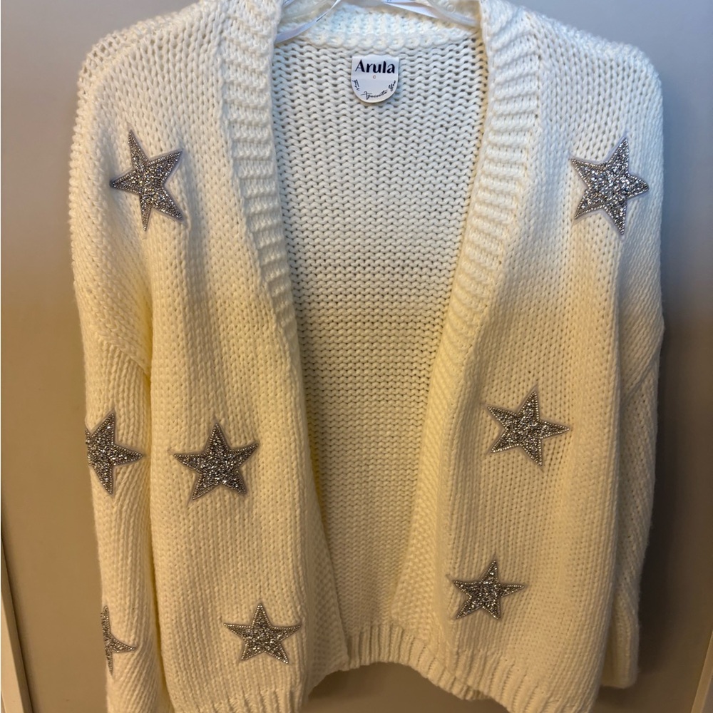 Arula Cream Cable Knit Cardigan Sweater with silver crystal stars